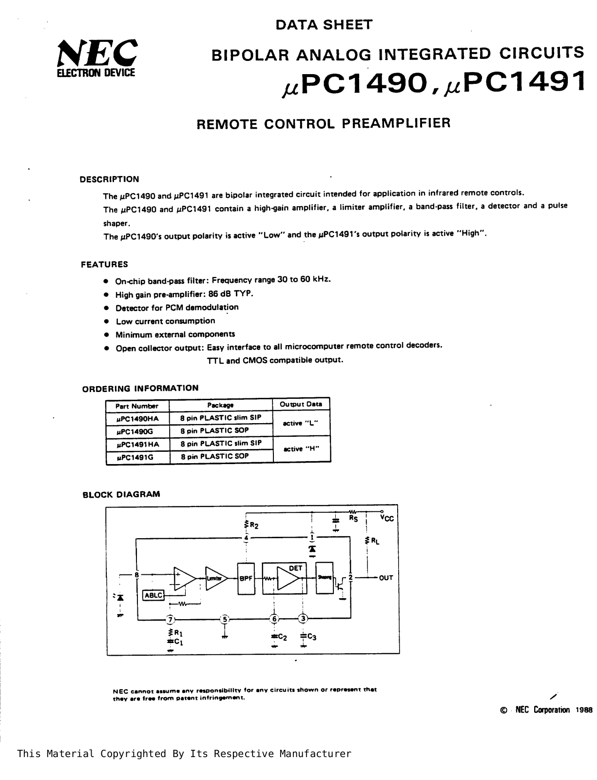 NEC uPC1491HA, uPC1491G, uPC1490HA Datasheet