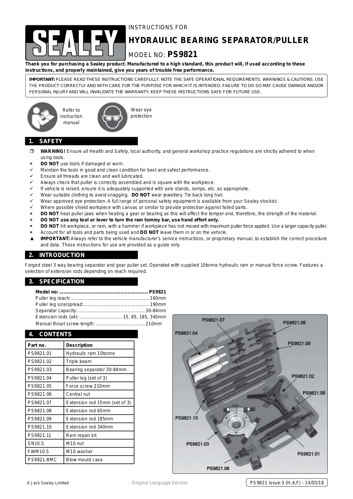 Sealey PS9821 Instruction Booklet