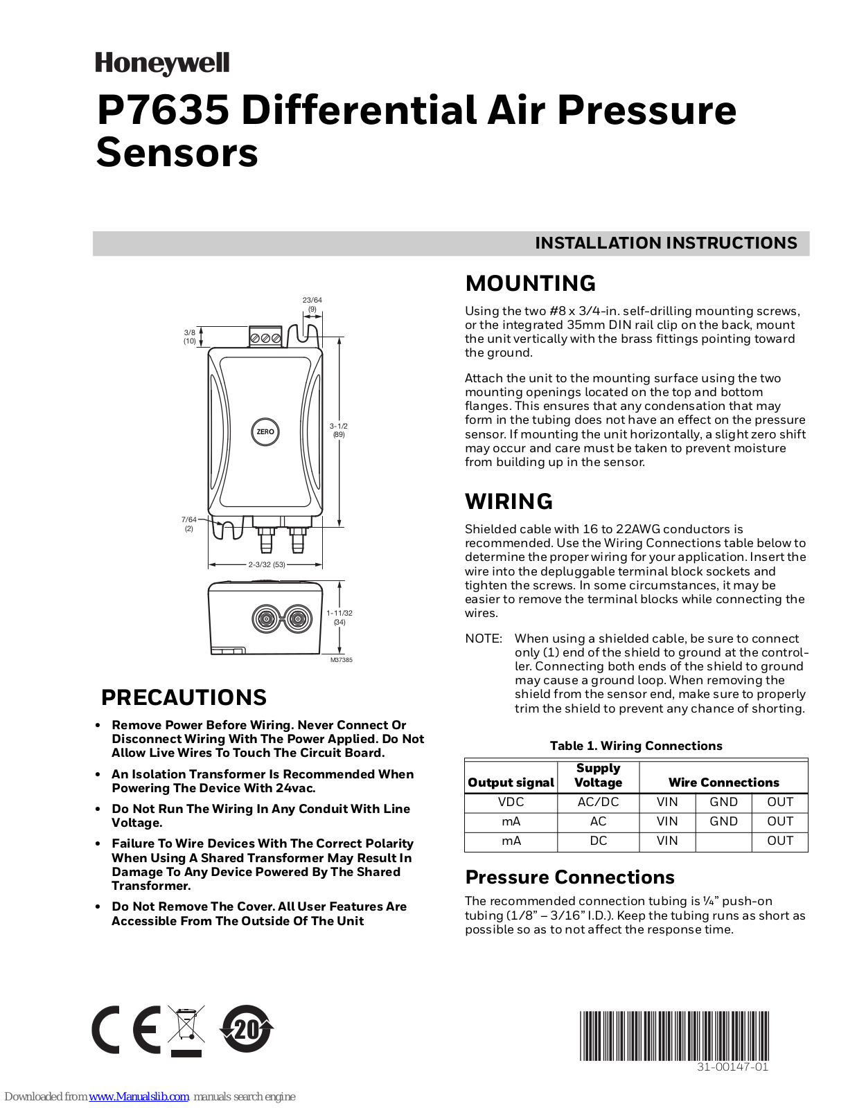 Honeywell P7635 Installation Instructions Manual