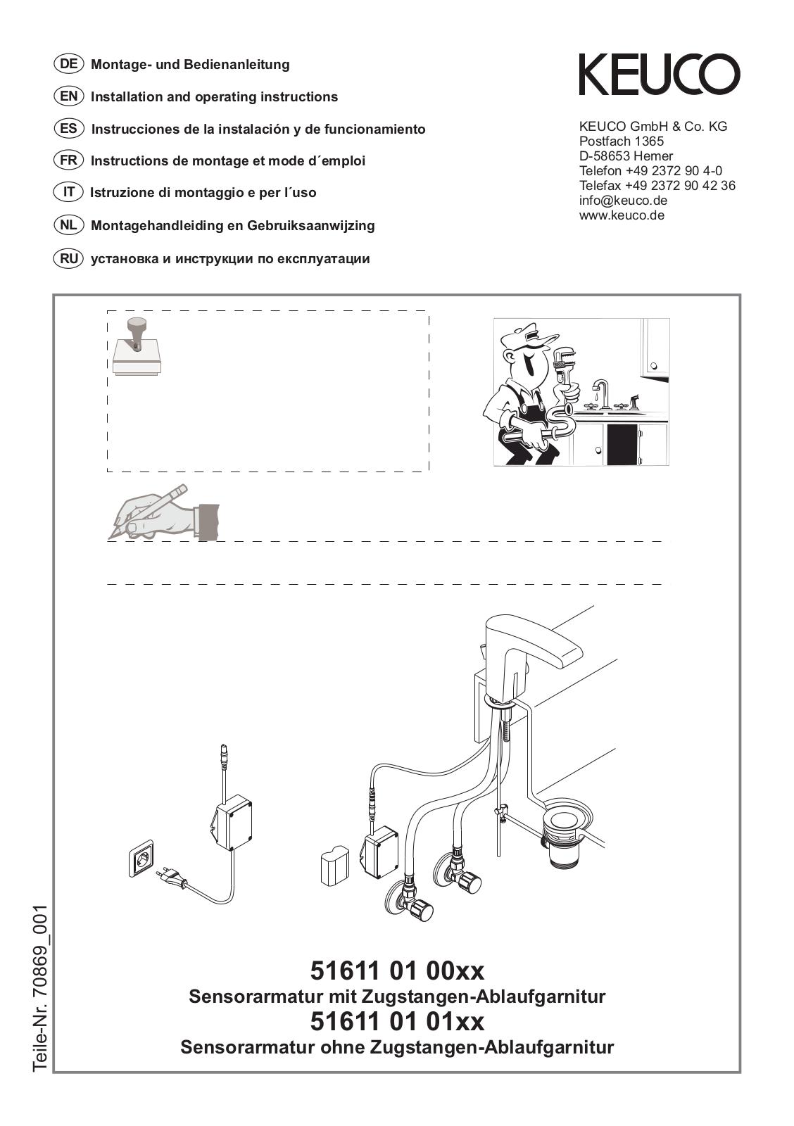 KEUCO 51611 01 00 Series, 51611 01 01 Series Installation And Operating Instructions Manual