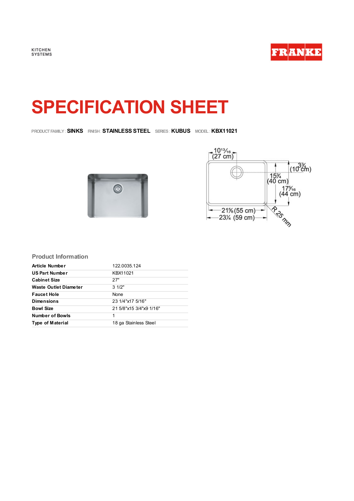 Franke KBX11021 Specification Sheet