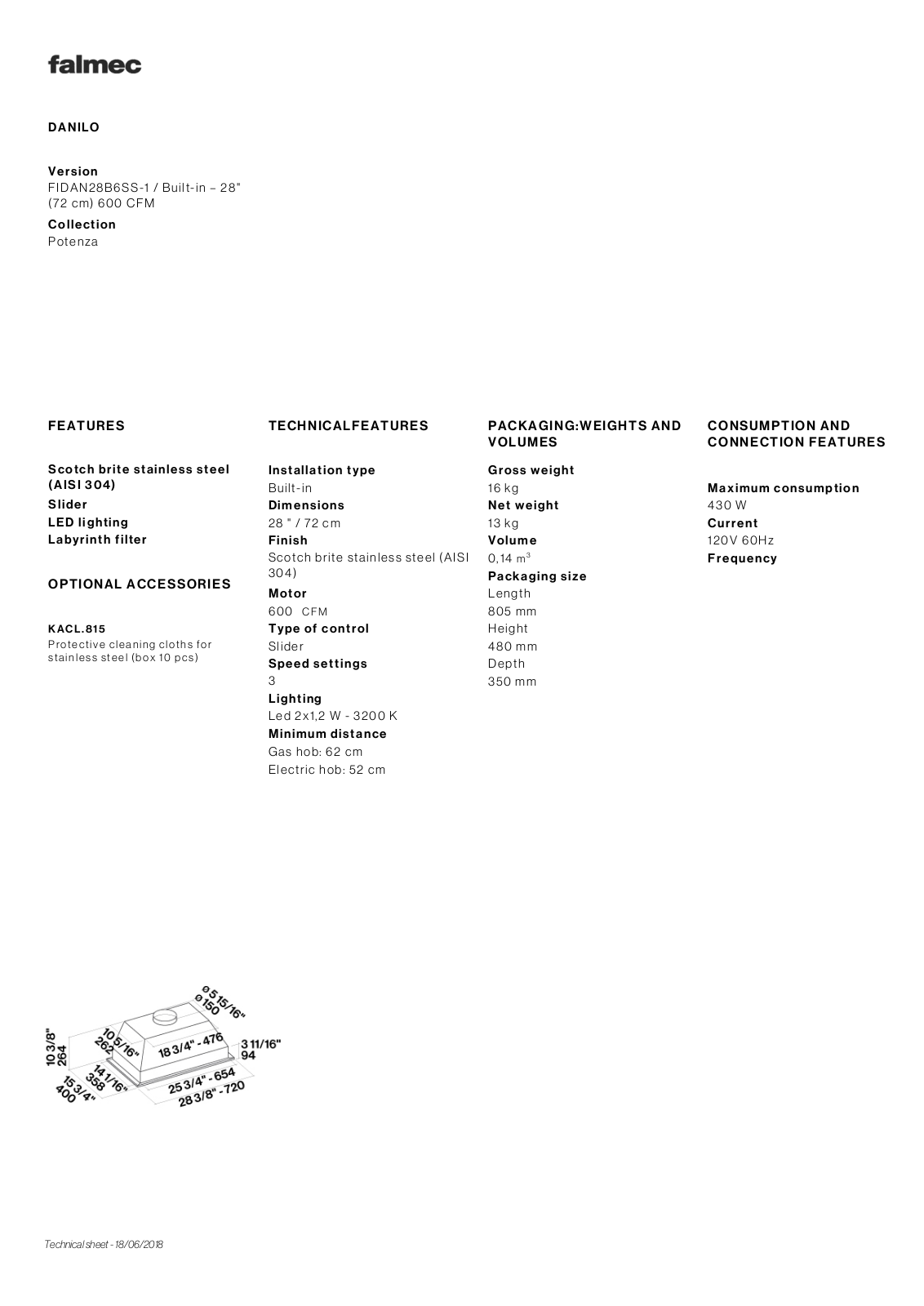Falmec FIDAN28B6SS1 Specifications - ManualMachine.com