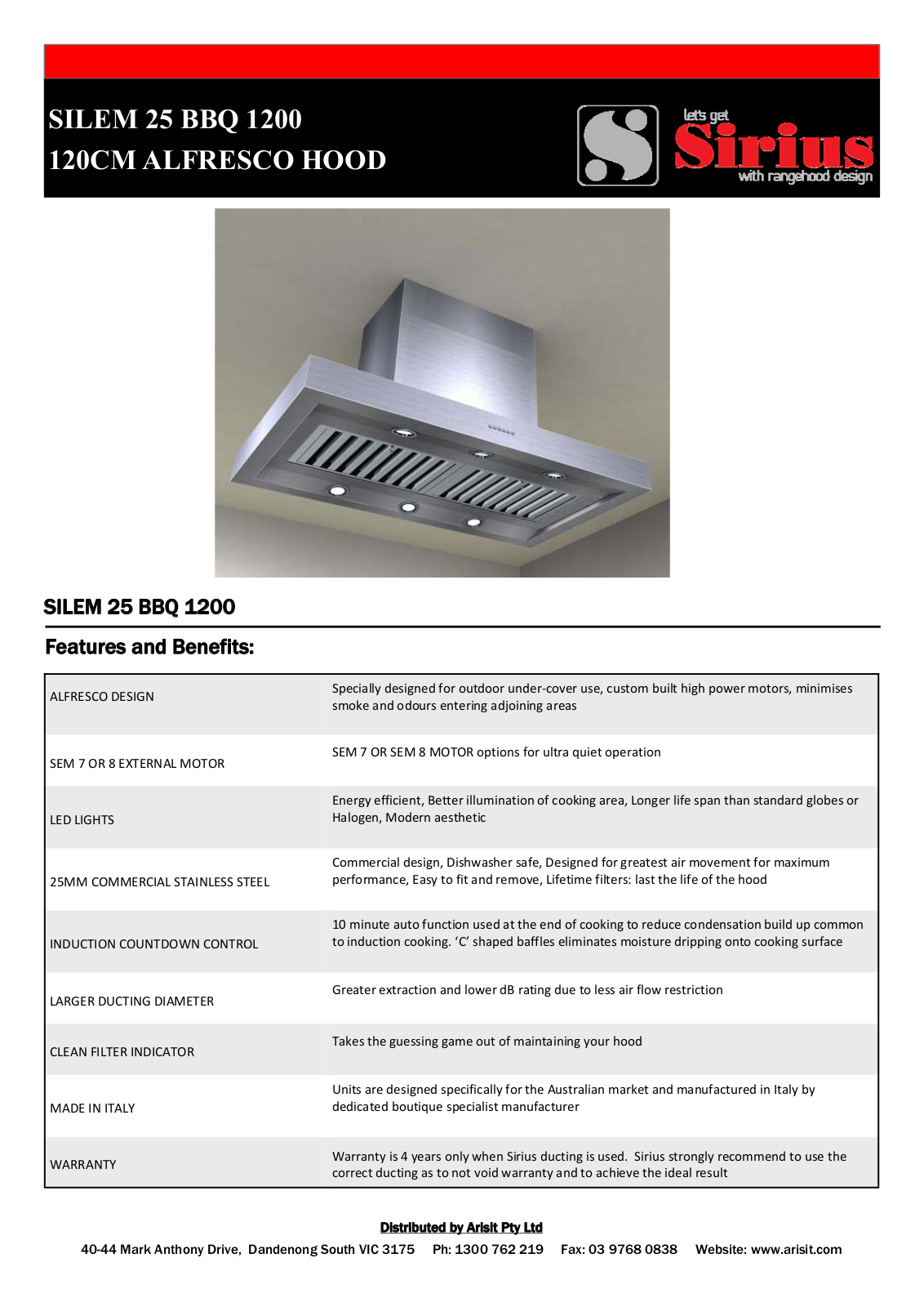 Sirius SILEM25BBQ1200SEM7XS Specifications Sheet