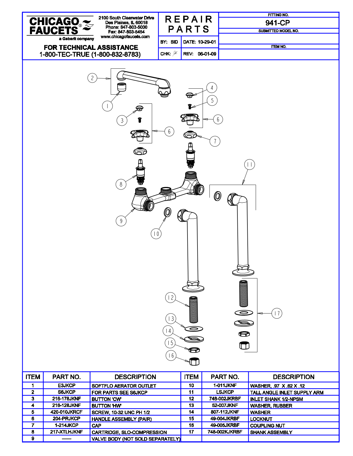 Chicago Faucet 941 Parts List