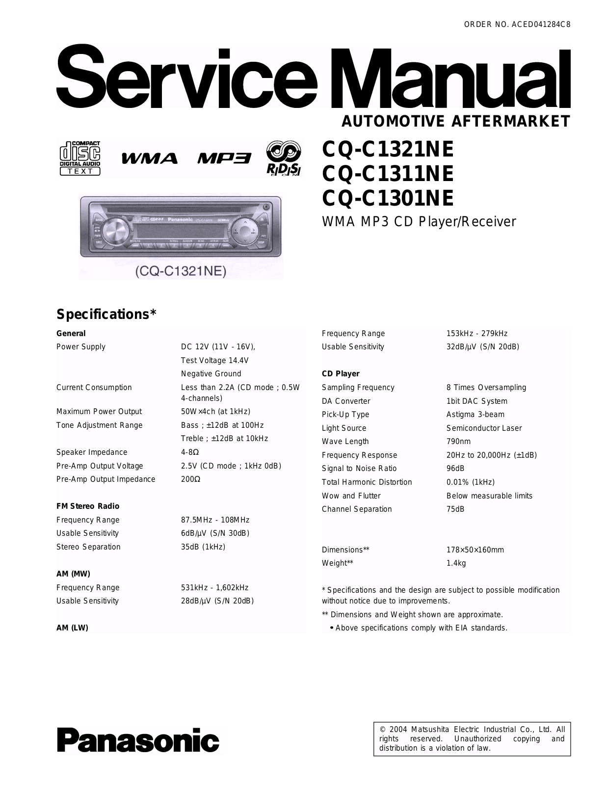 Panasonic CQ-C1321NE, CQ-C1311NE, CQ-C1301NE Service Manual