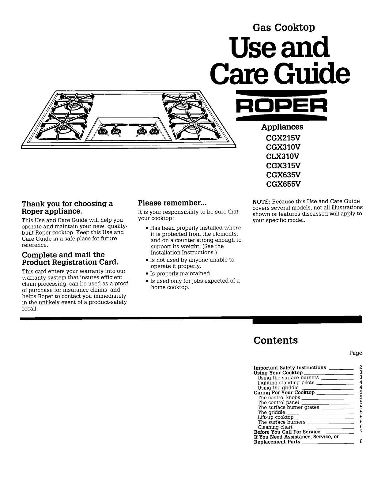 Roper CGX215V, CGX310V, CLX31OV, CGX315V, CGX635V Owner's Manual