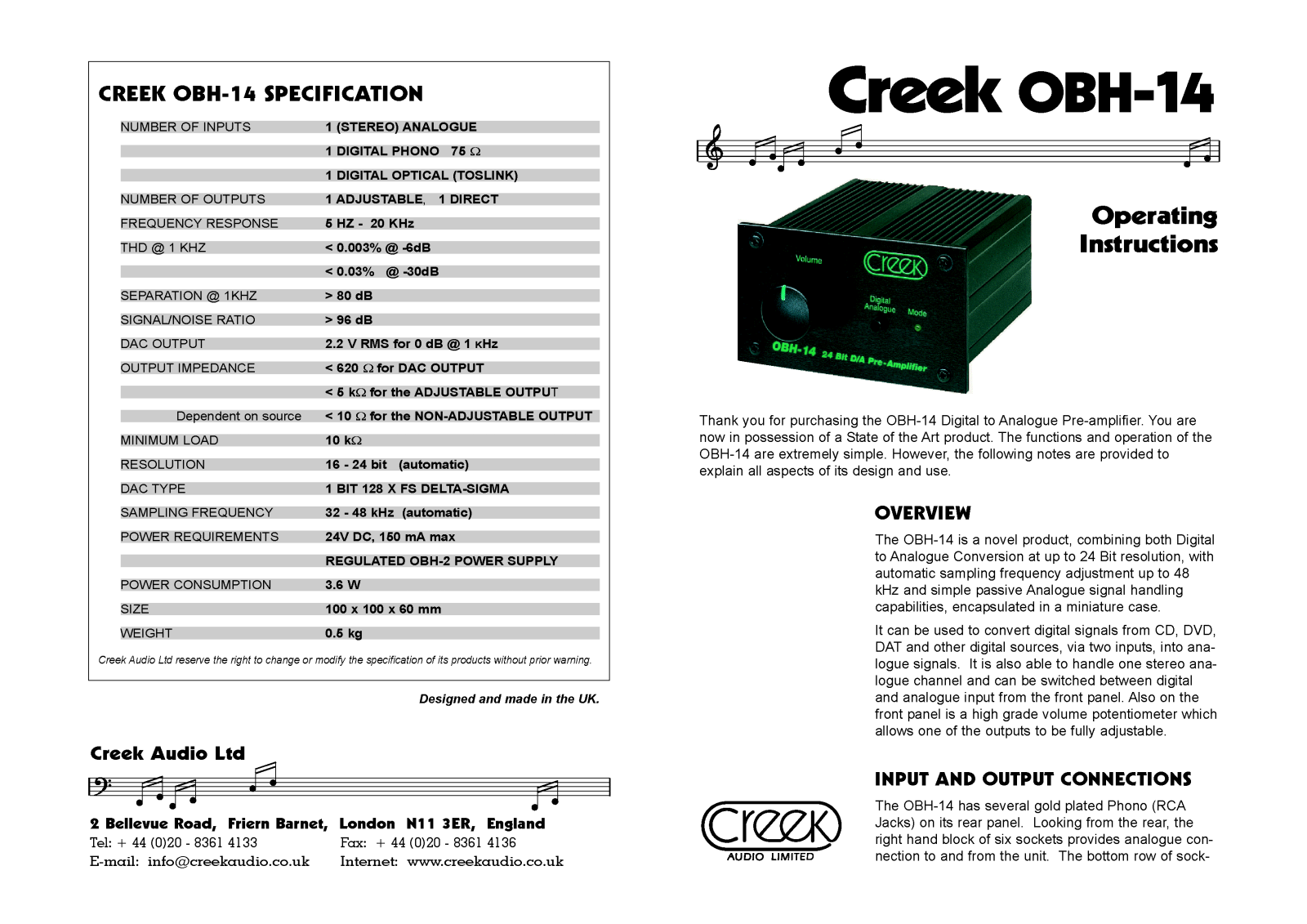 Creek OBH-14 Owners manual