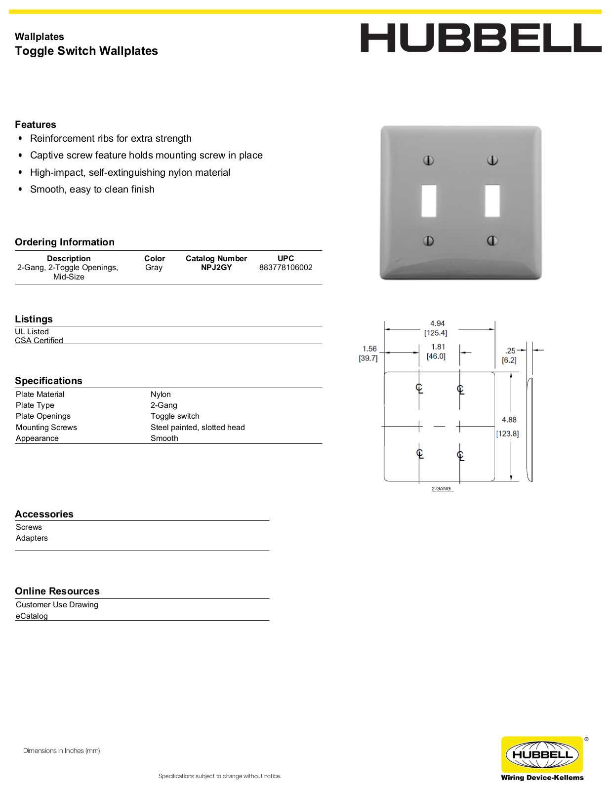 Hubbell NPJ2GY Specifications