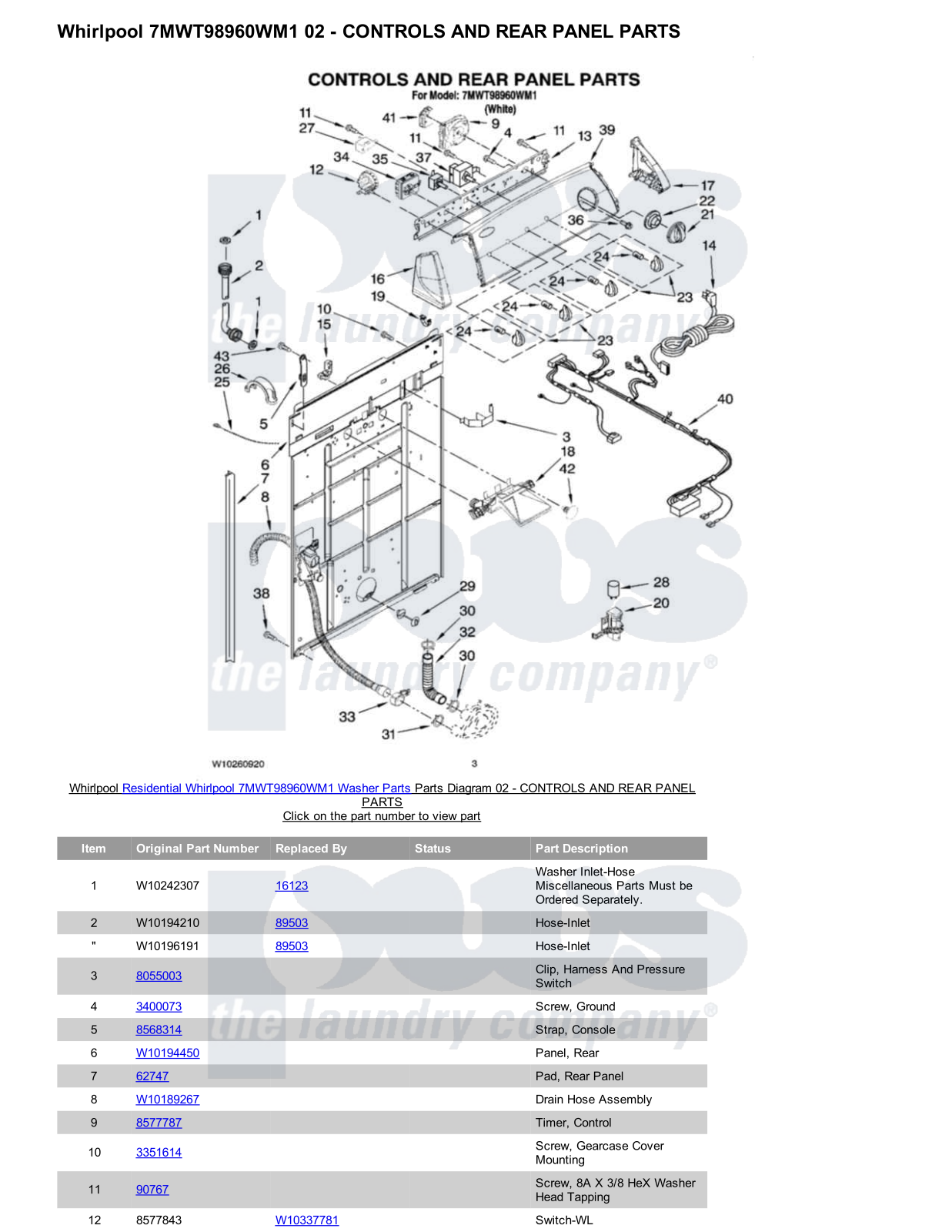 Whirlpool 7MWT98960WM1 Parts Diagram