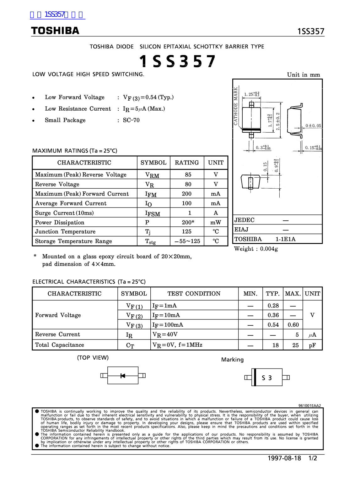 TOSHIBA 1SS357 Technical data