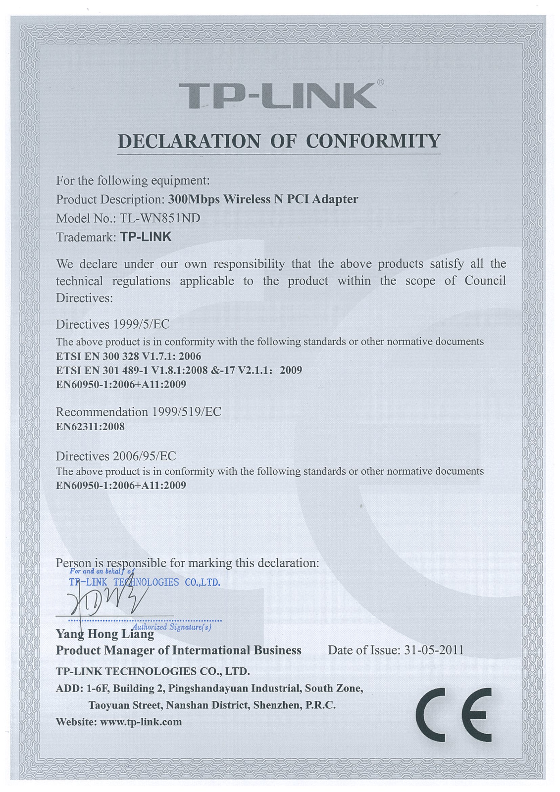 TP-Link TL-WN851ND Declaration of Conformity