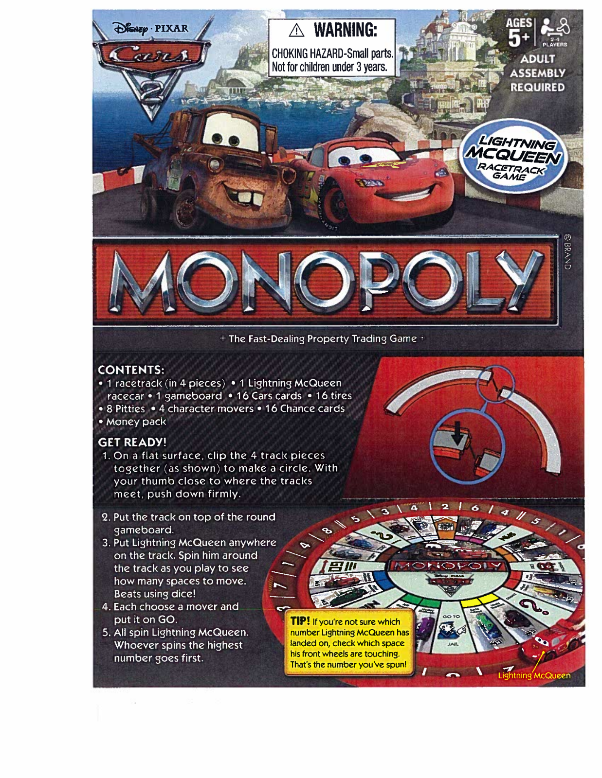 HASBRO Monopoly Cars 2 Lightning McQueen Racetrack User Manual