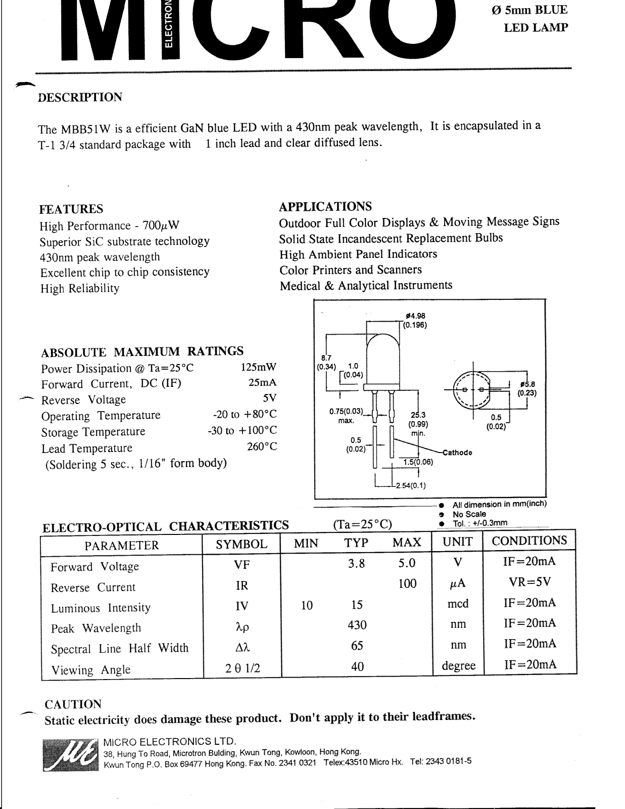 MICRO MBB51W Datasheet