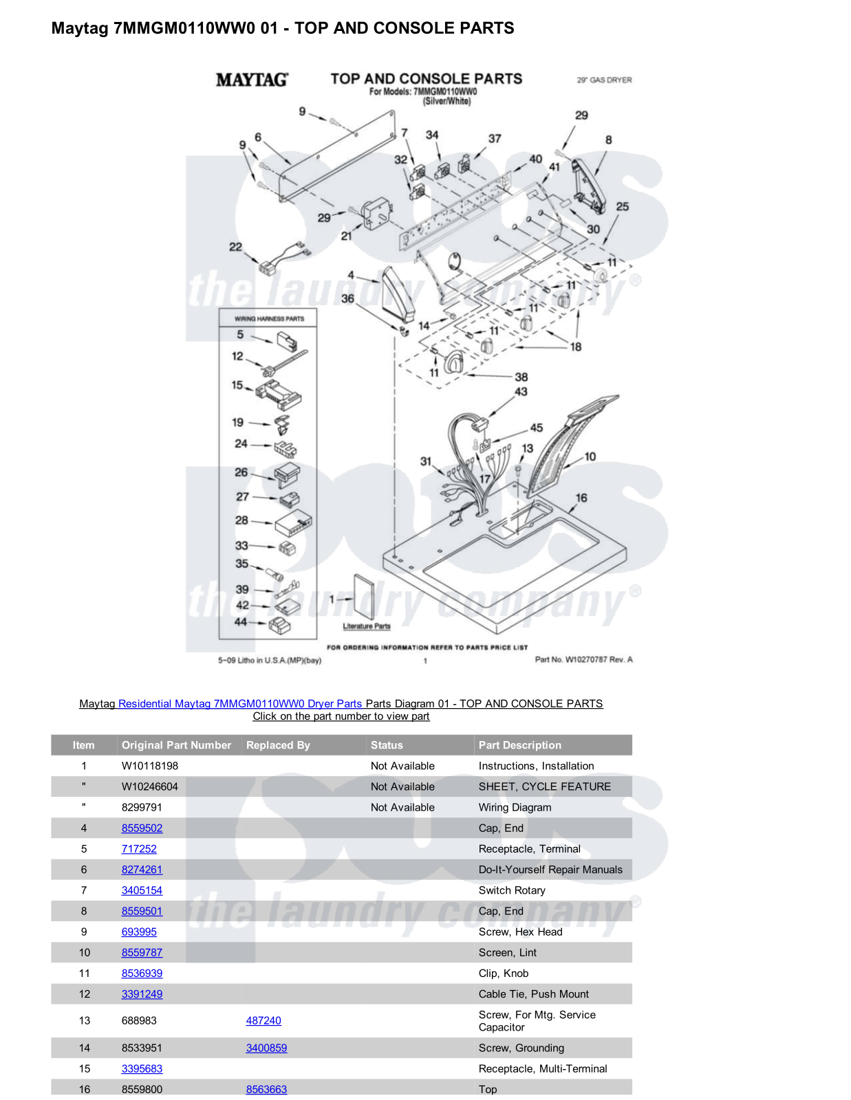 Maytag 7MMGM0110WW0 Parts Diagram