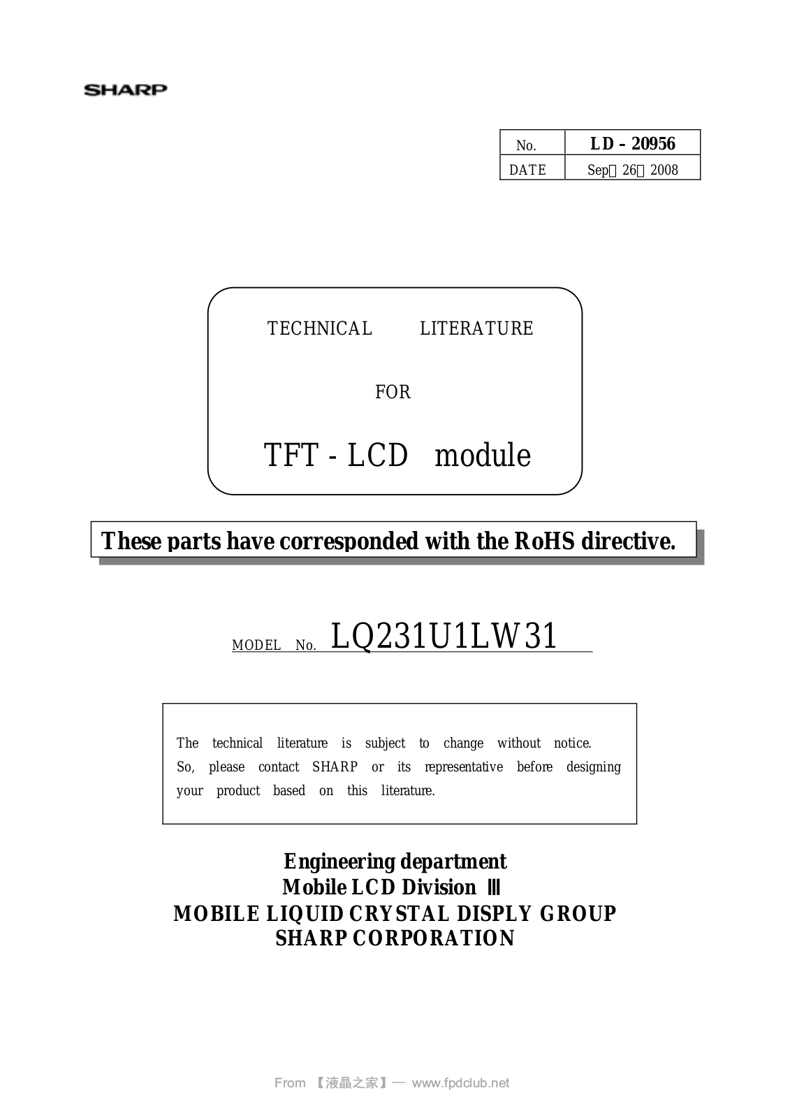 SHARP LQ231U1LW31 Specification