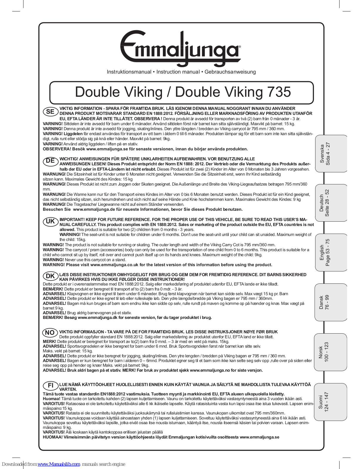 Emmaljunge Double Viking, Double Viking 735 Instruction Manual