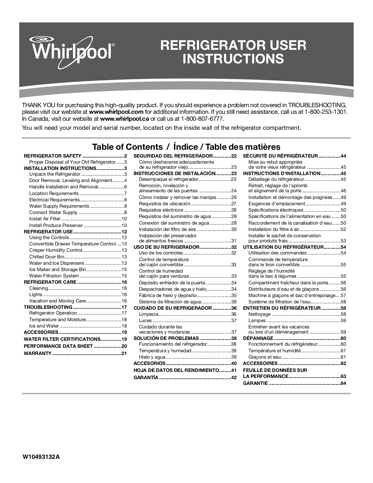 Whirlpool WRS537SIAW, WRS537SIAF, WRS537SIAM, WRS537SIAB Owners Manual