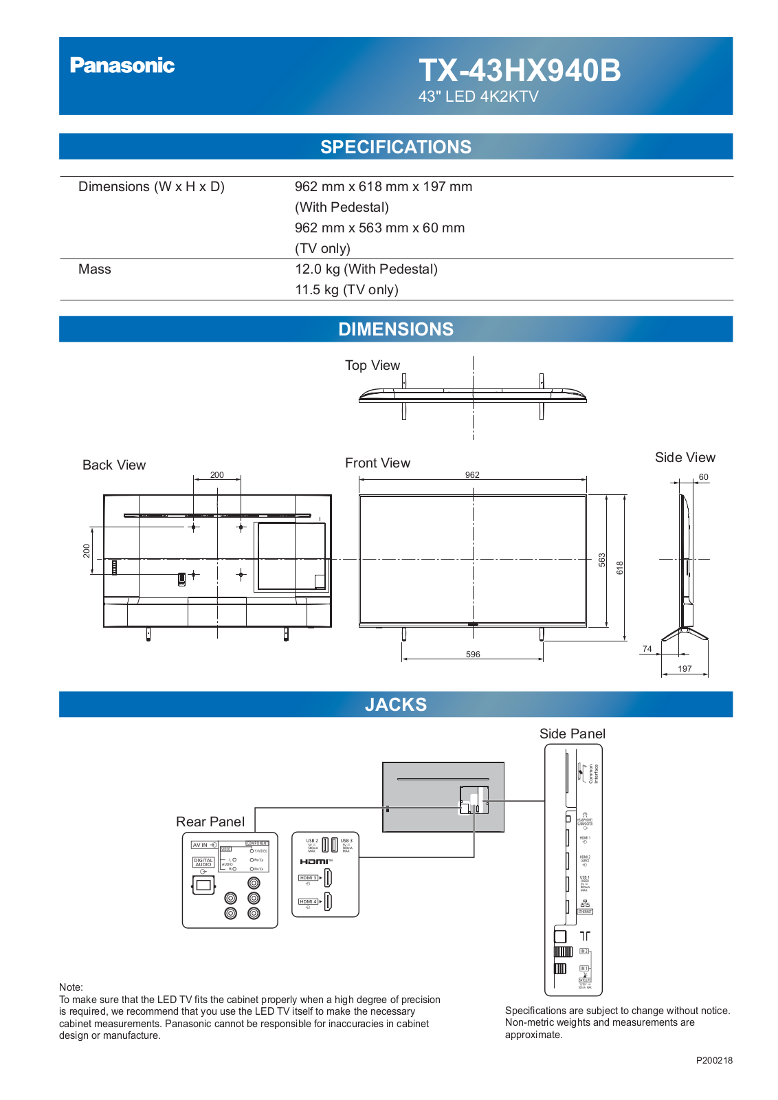 Panasonic TX-43HX940B Specifications