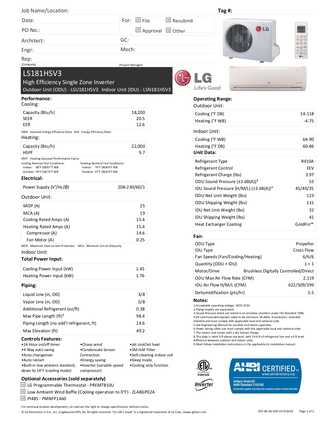 LG LS181HSV3 Specifications