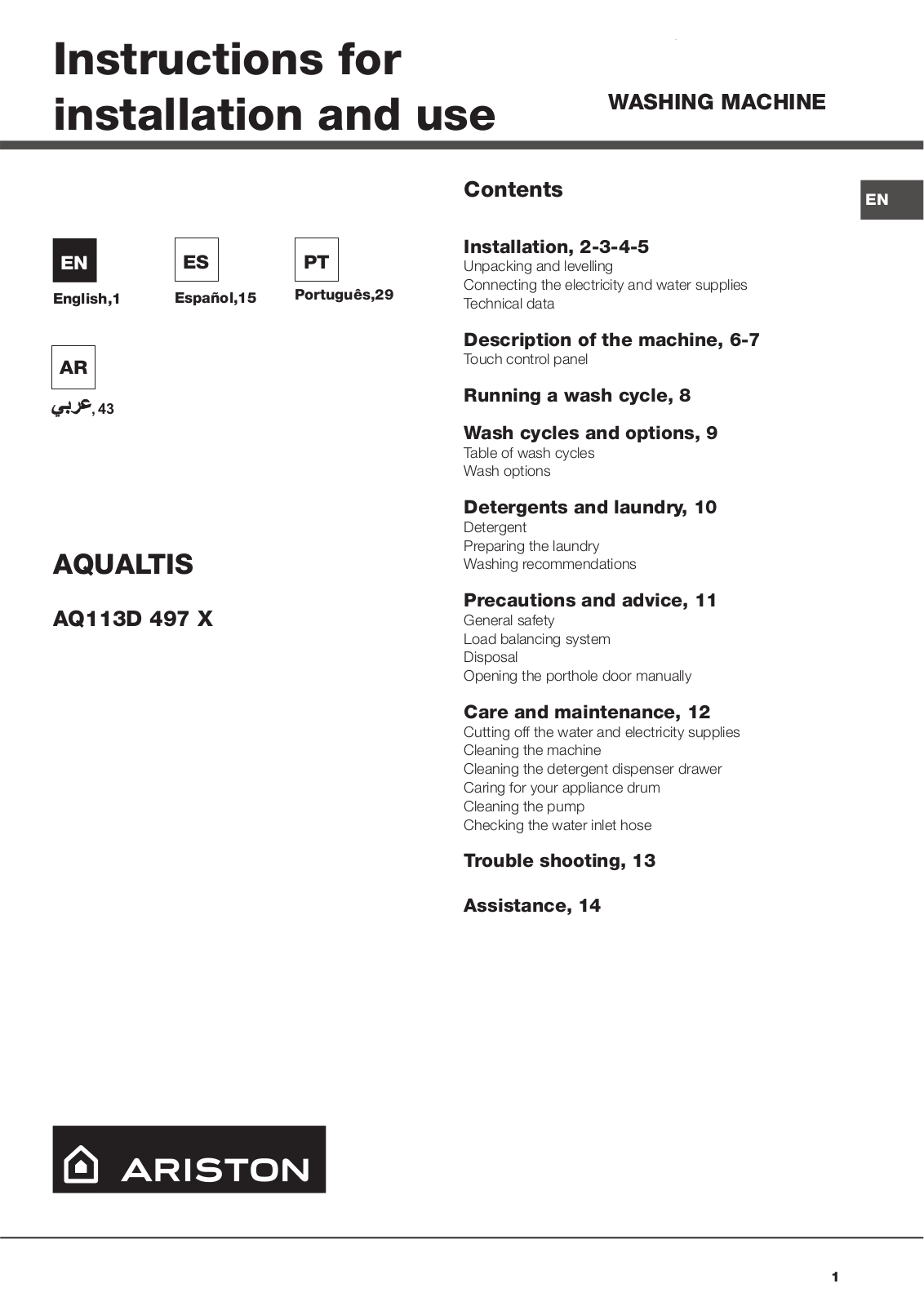 Hotpoint AQ113D 497X EX 60HZ User Manual