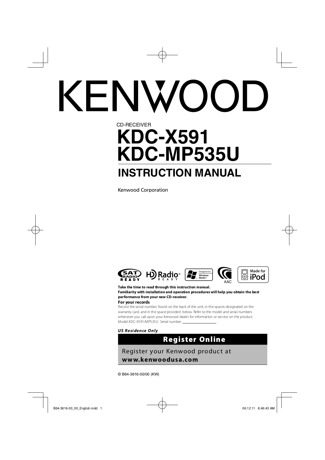 Kenwood kdc-x591, KDC-MP535U User Manual