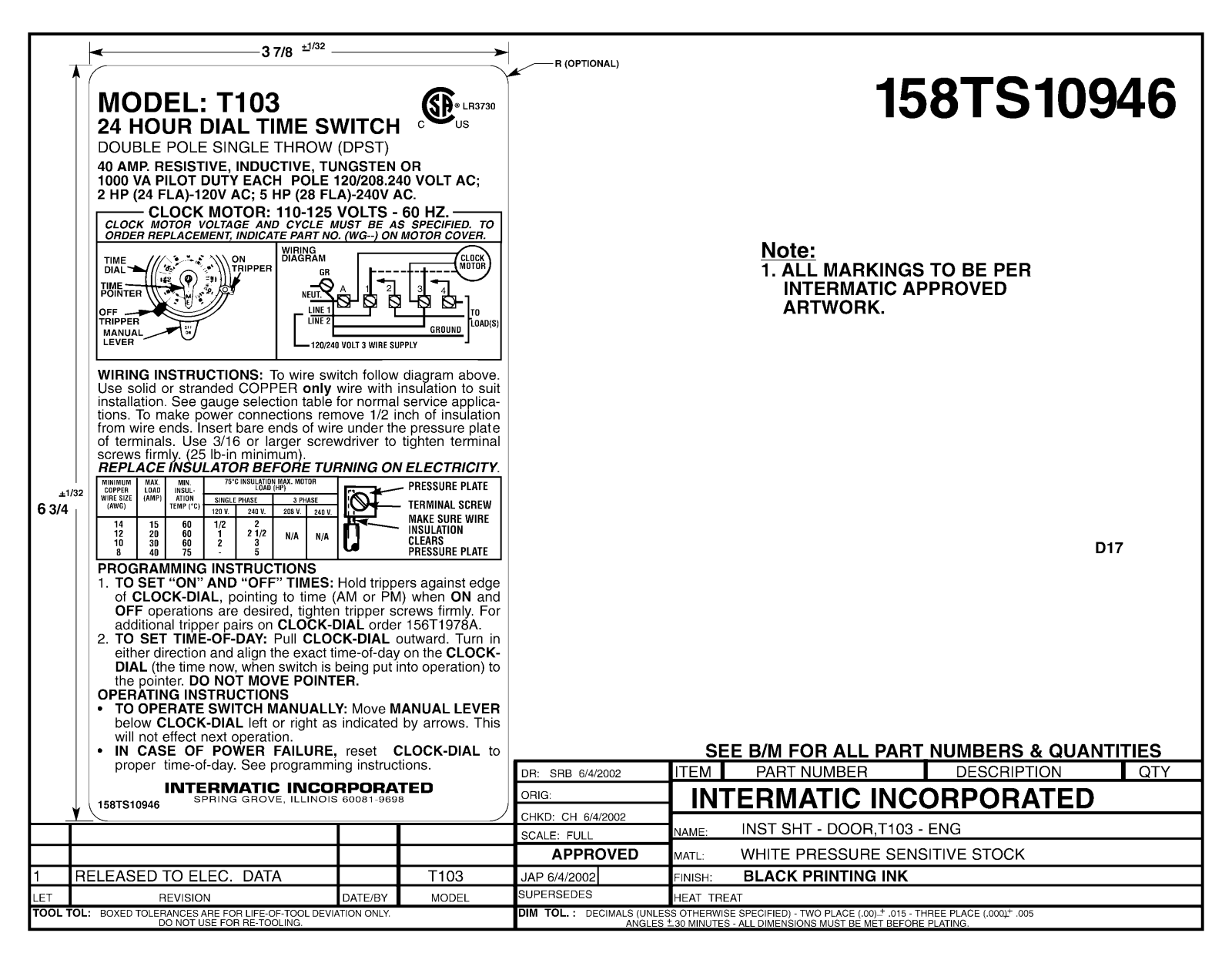 Intermatic 158TS10946-1 User Manual