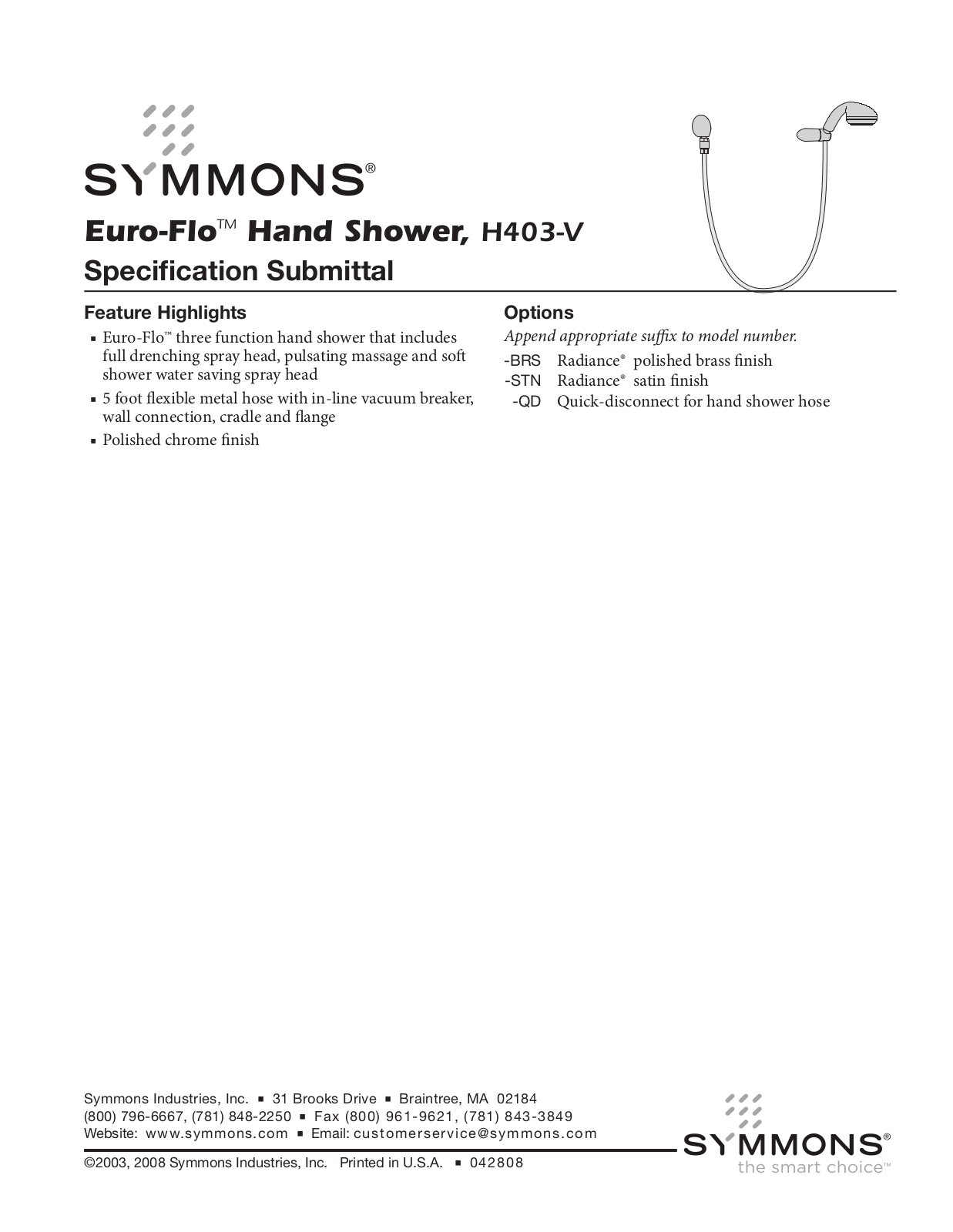 Symmons H403-V User Manual