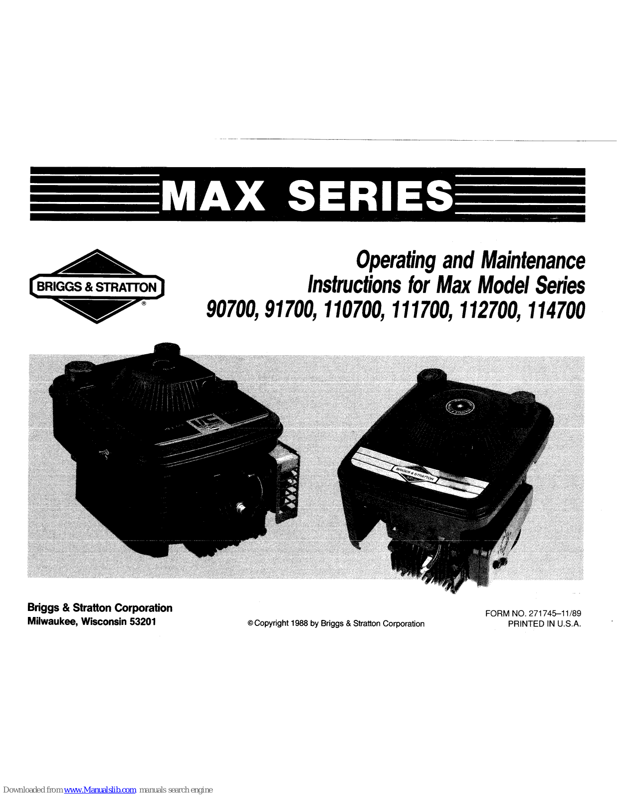 Briggs & Stratton 91700, 110700, 111700, 112700, 114700 Operating And Maintenance Instructions Manual