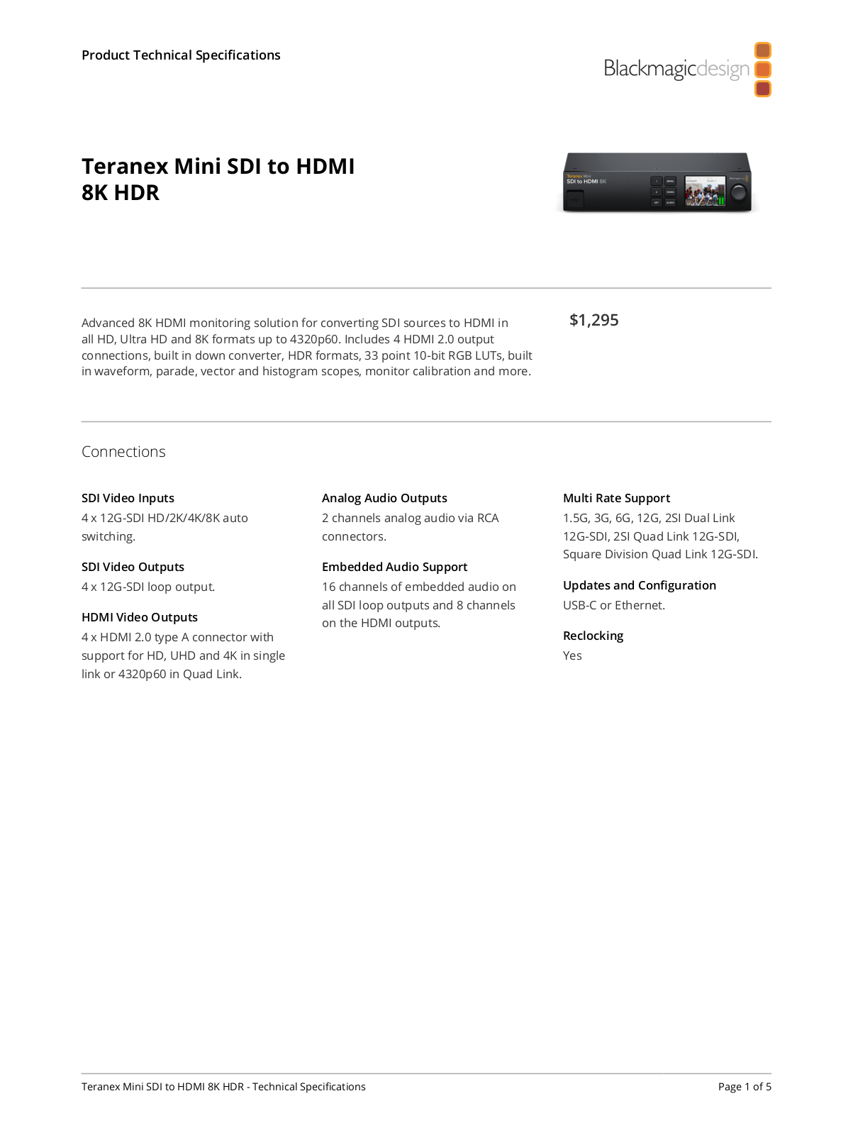 Blackmagic Design Teranex Mini SDI to HDMI 8K HDR Specifications