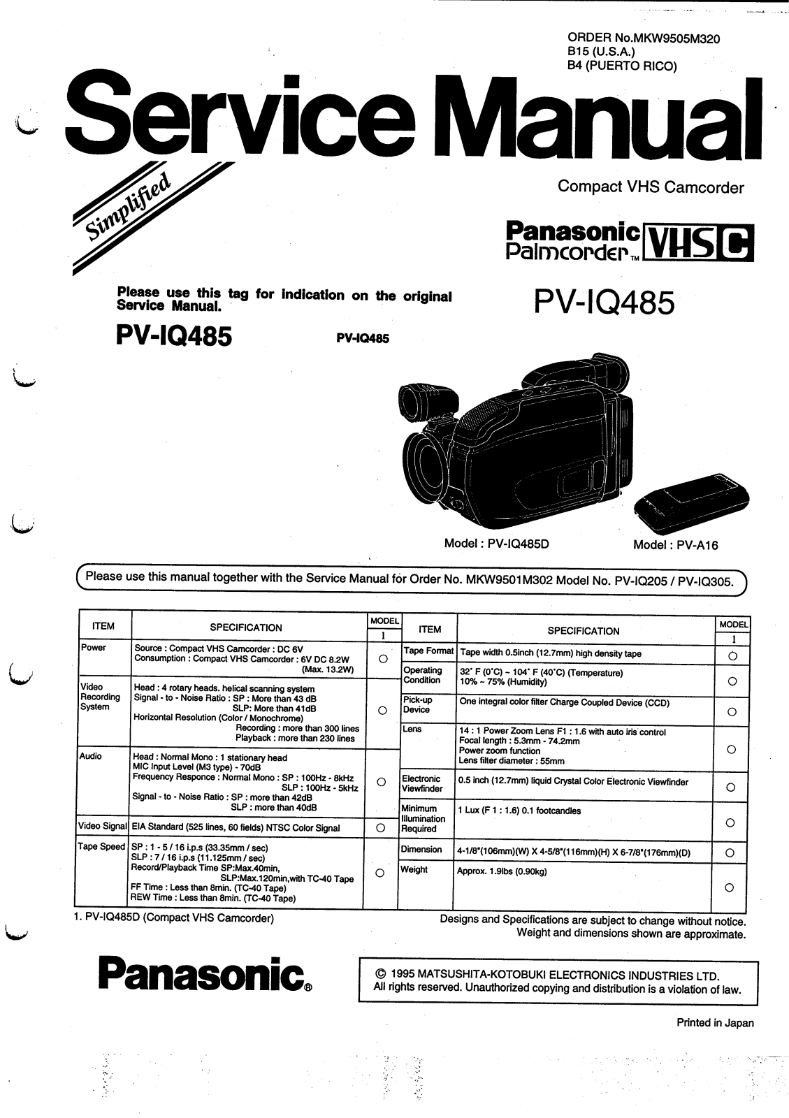 Panasonic PV-IQ485 Service Manual