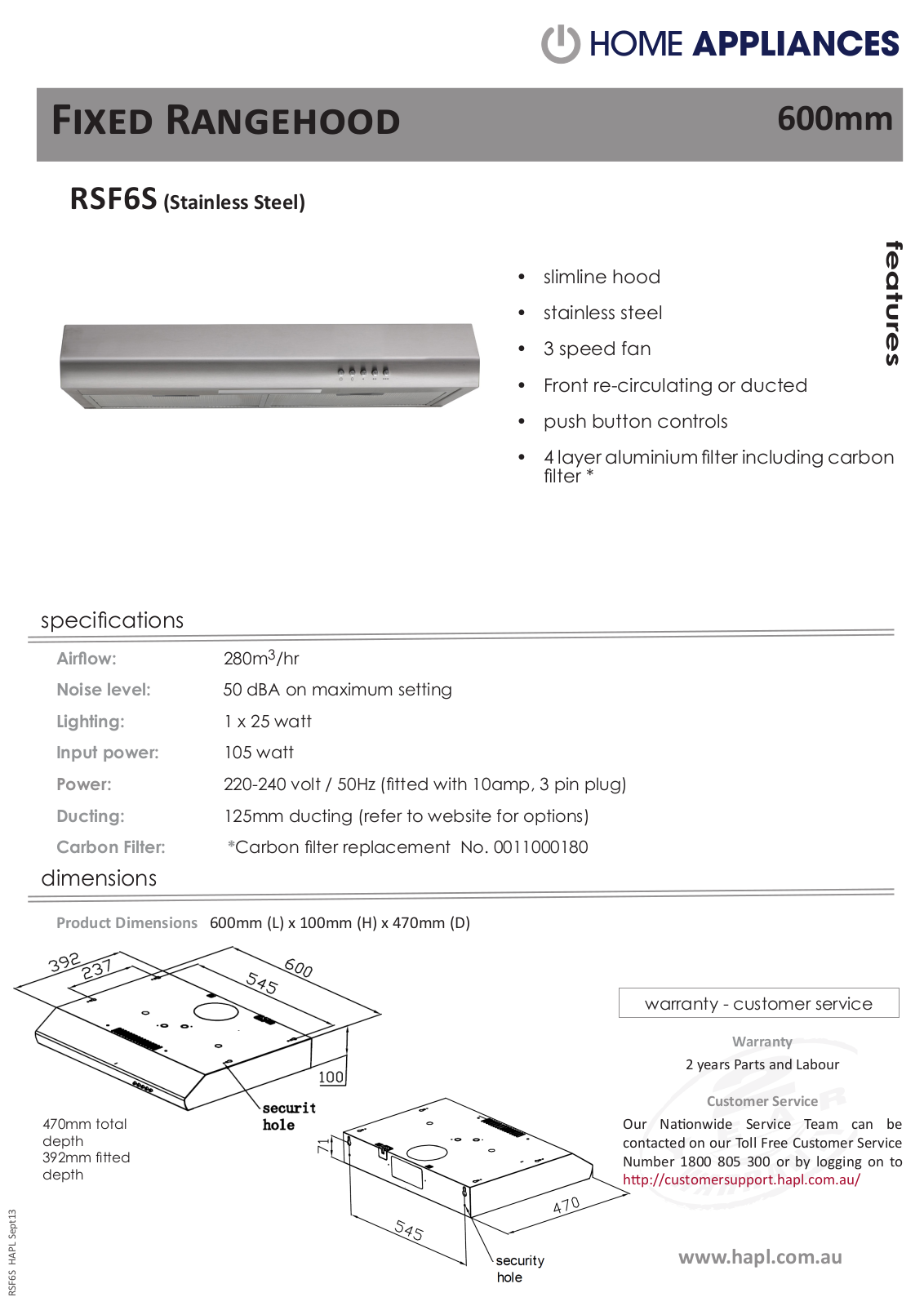 Euromaid RSF6S Specifications Sheet