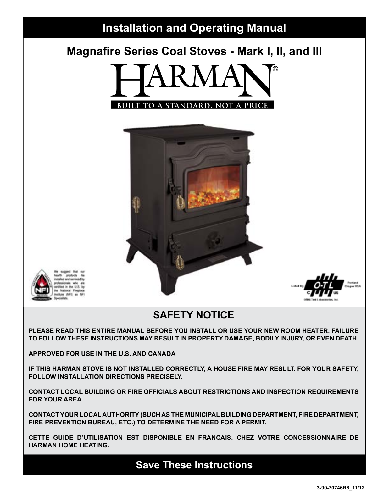 Harman Stove Company Mark I, Mark II, Mark III User Manual