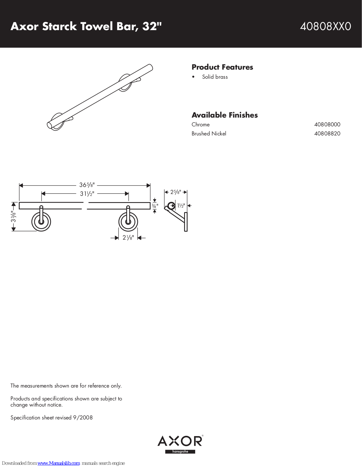 Hansgrohe 40808000, 40808820 Specification Sheet