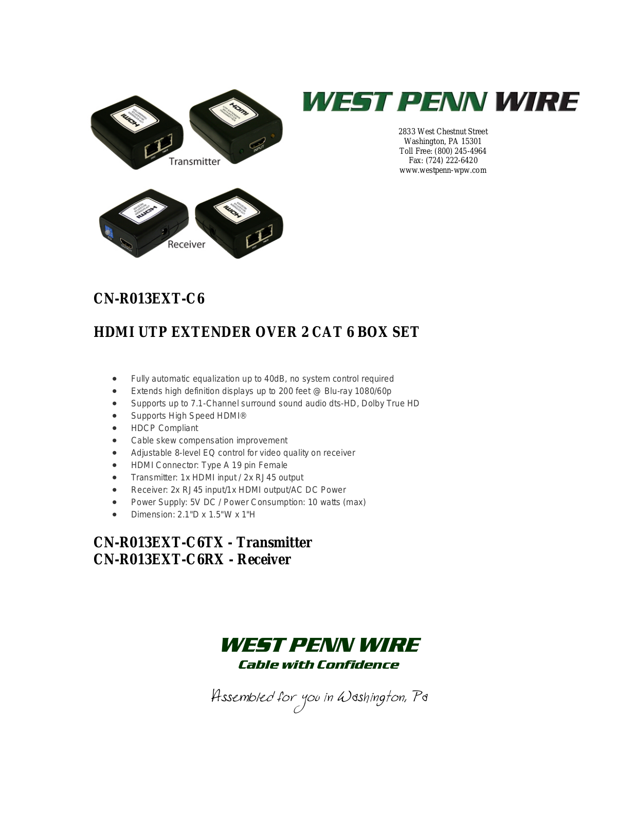 West Penn CN-R013EXT-C6 Specsheet