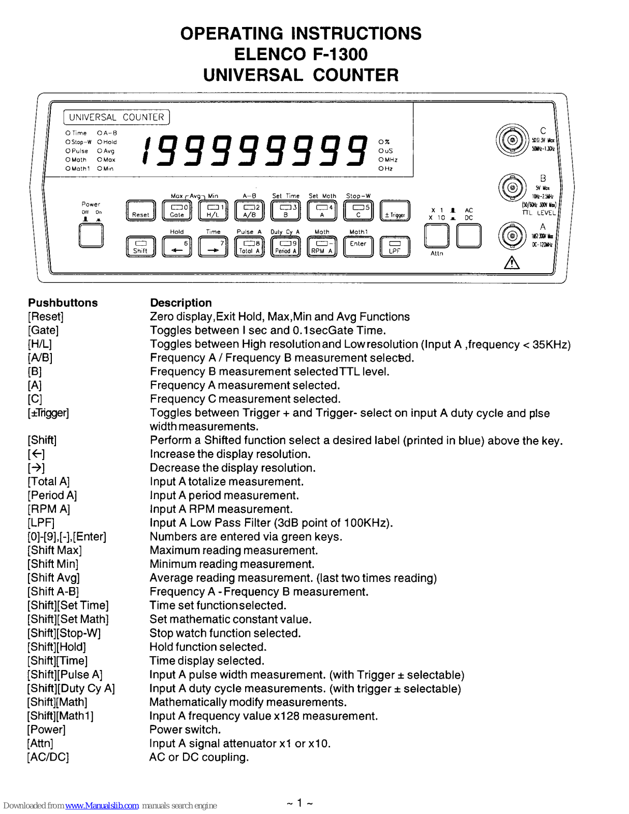 Elenco Electronics F-1300 Operating Instructions Manual