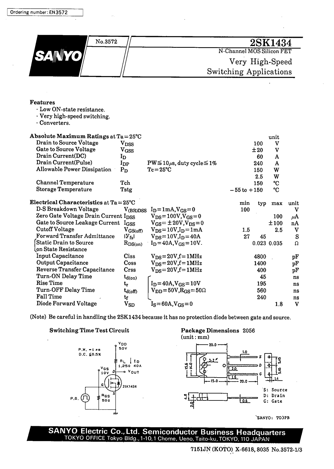 SANYO 2SK1434 Datasheet