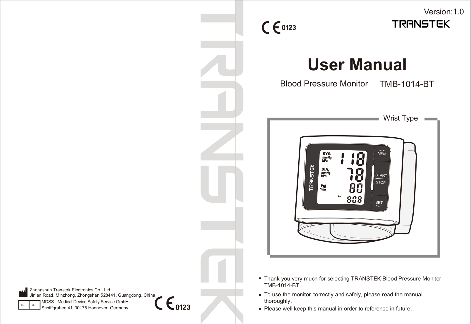 Transtek Medical Electronics TMB1014BT Users manual