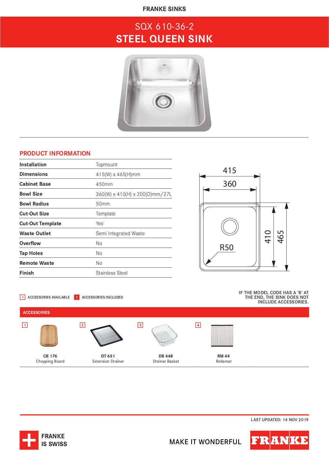 Franke SQX610-36-2 Specifications Sheet