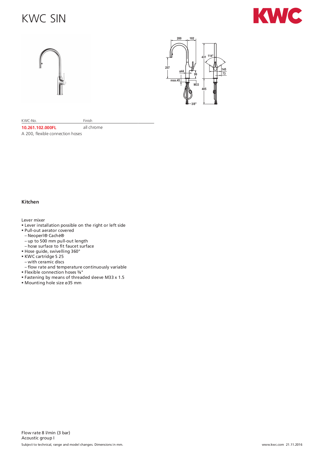 KWC 10261102000 Specifications Sheet