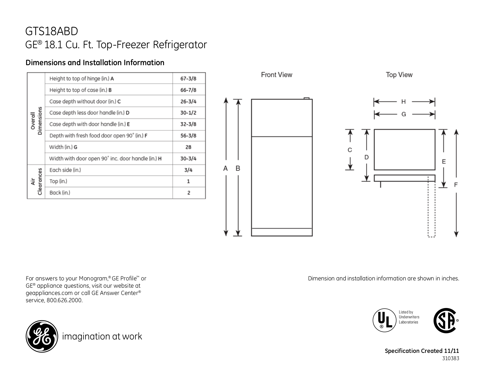 GE GTS18ABD Specification