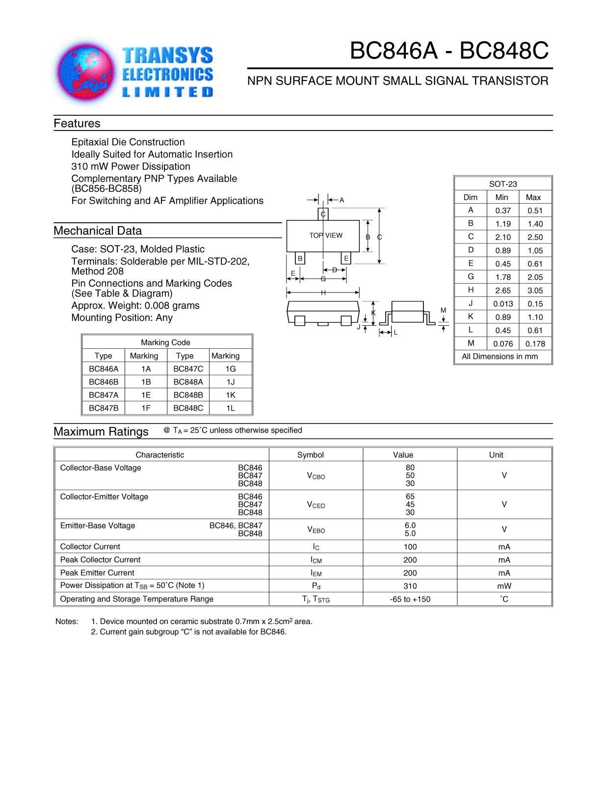 TEL BC848C, BC848C, BC848B, BC848B, BC848A Datasheet