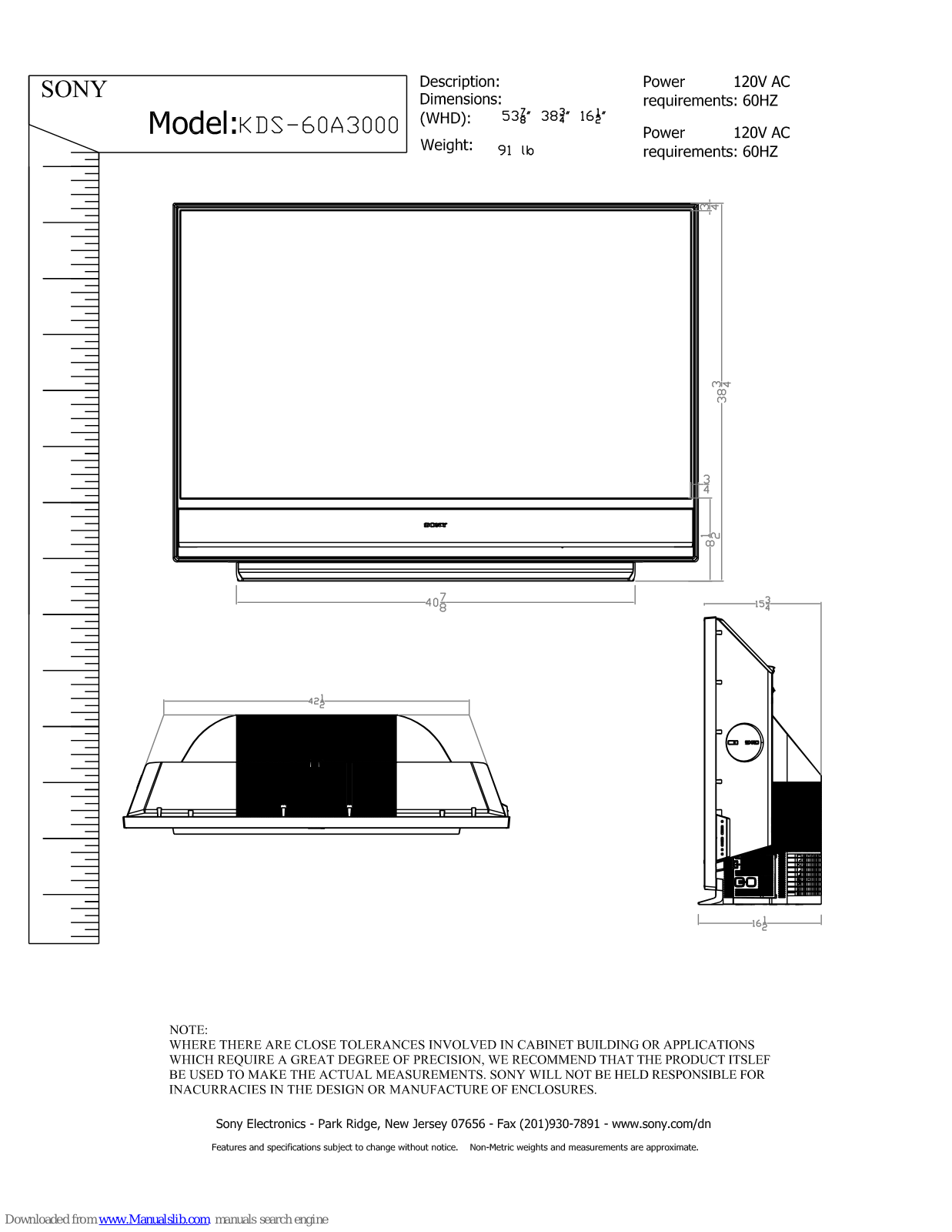 Sony BRAVIA KDS-60A3000 Specifications