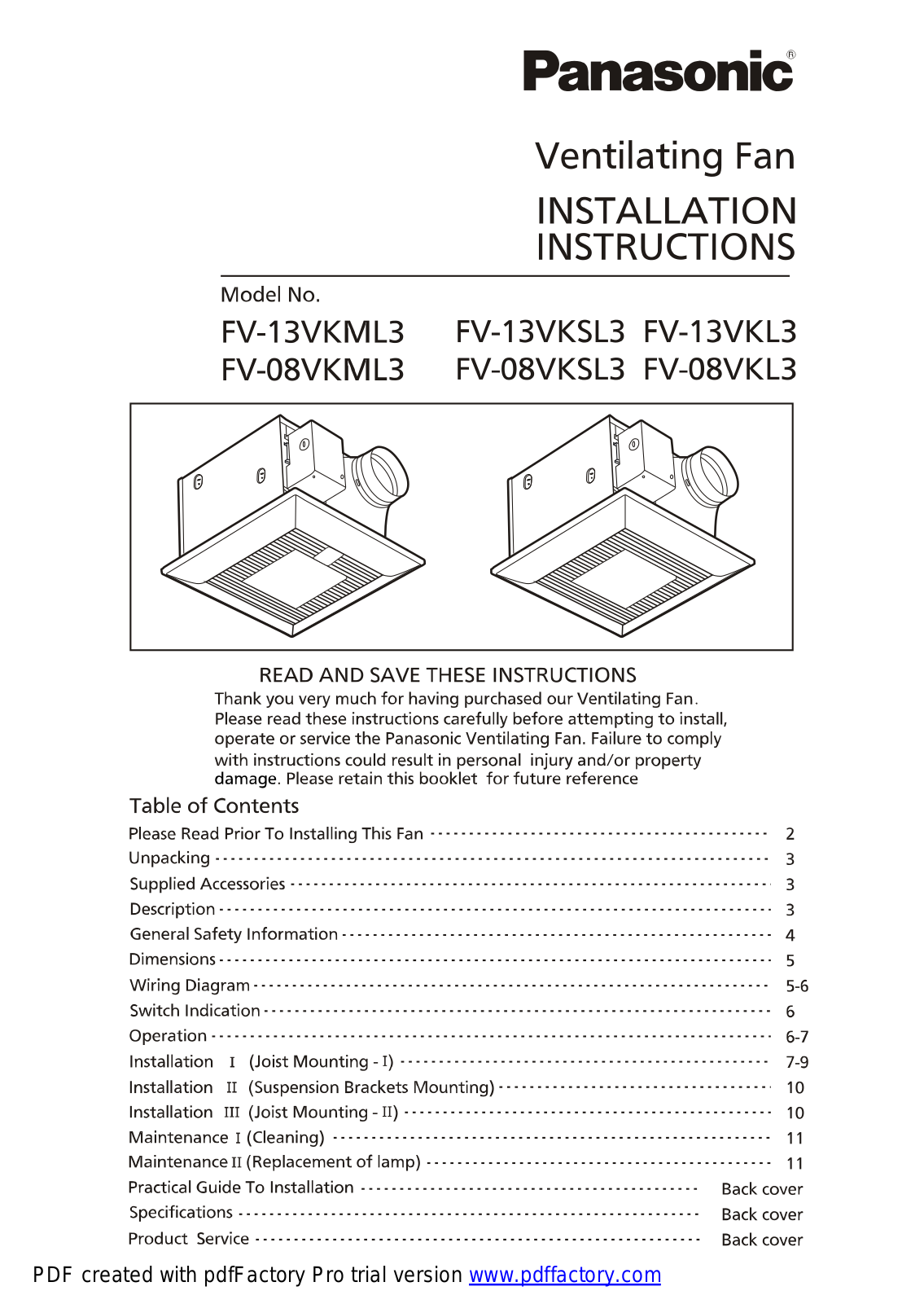 Panasonic fv-xxvkml3, fv-xxvksl3, fv-xxvkl3 Operation Manual