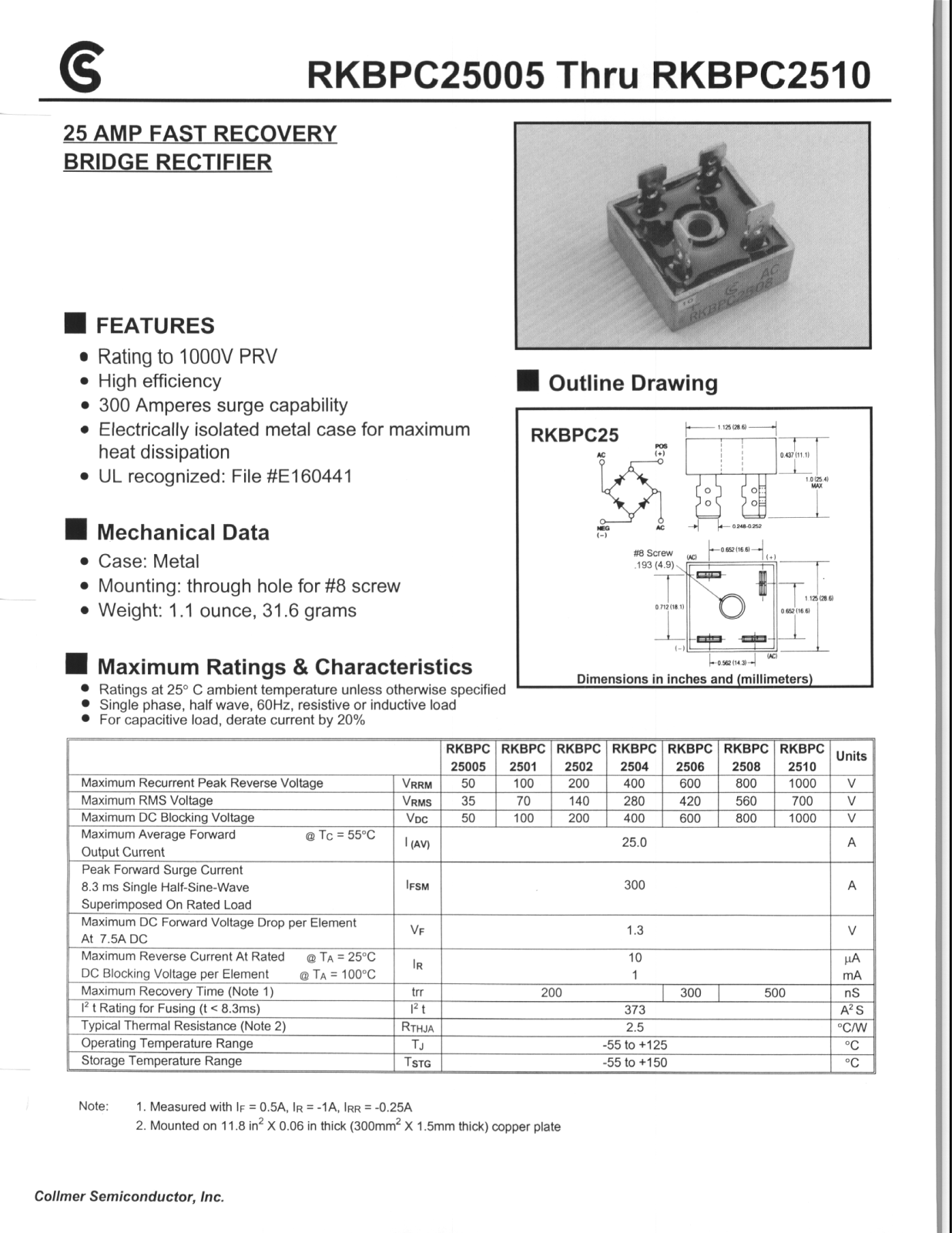 CALLMER RKBPC25005, RKBPC2501, RKBPC2502, RKBPC2504, RKBPC2506 Datasheet