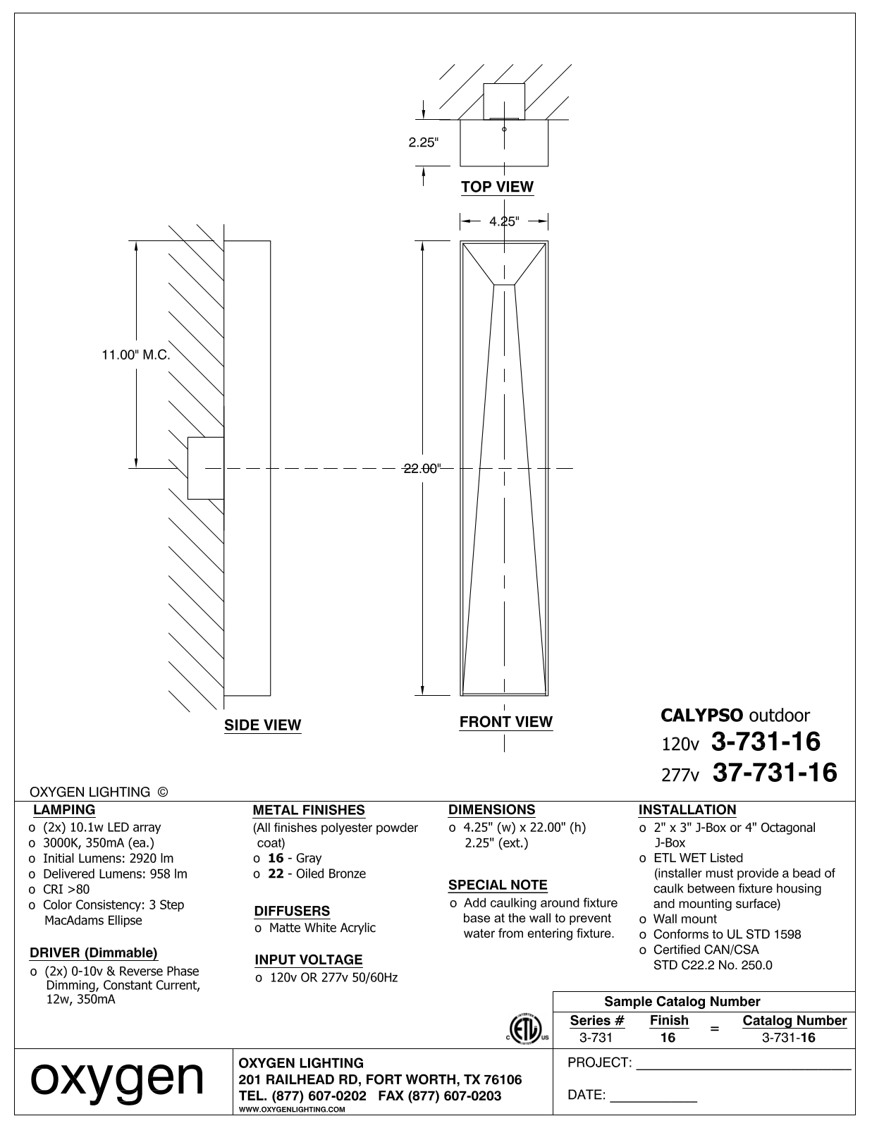 Oxygen Lighting OXGN1269 Specifications - ManualMachine.com