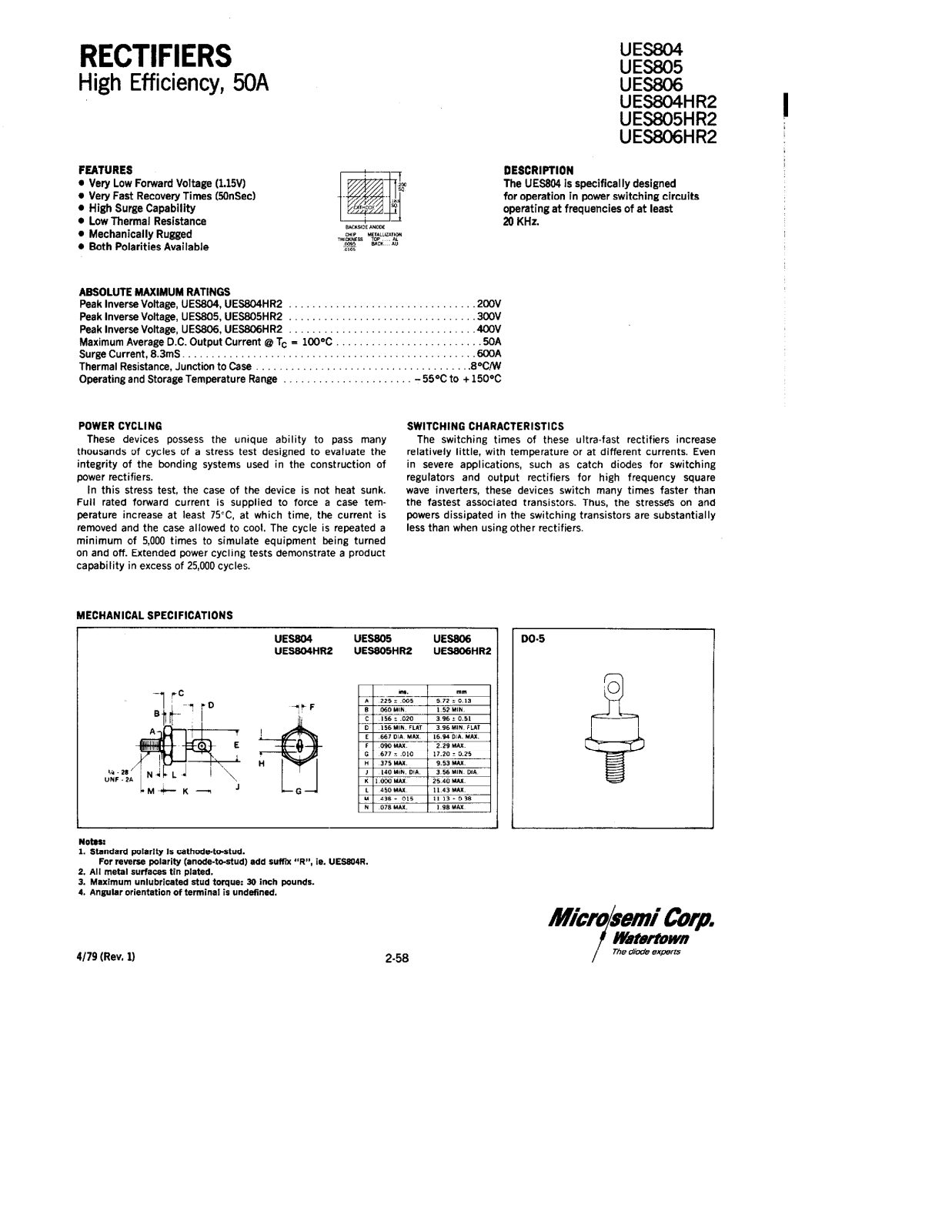 Microsemi UES806, UES806HR2, UES805, UES804 Datasheet