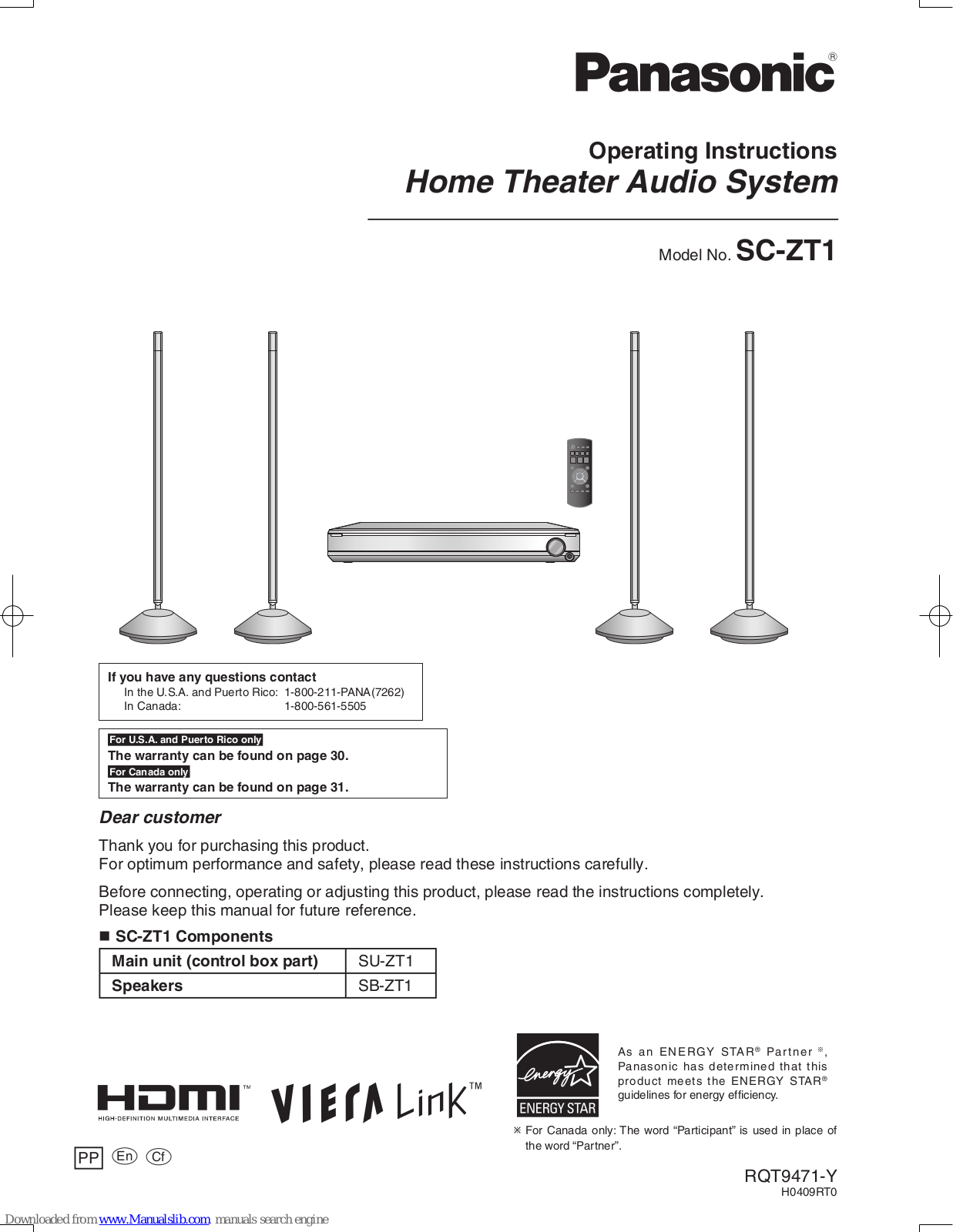 Panasonic SUZT1 - HOME THEATER AUDIO SYSTEM Operating Instructions Manual