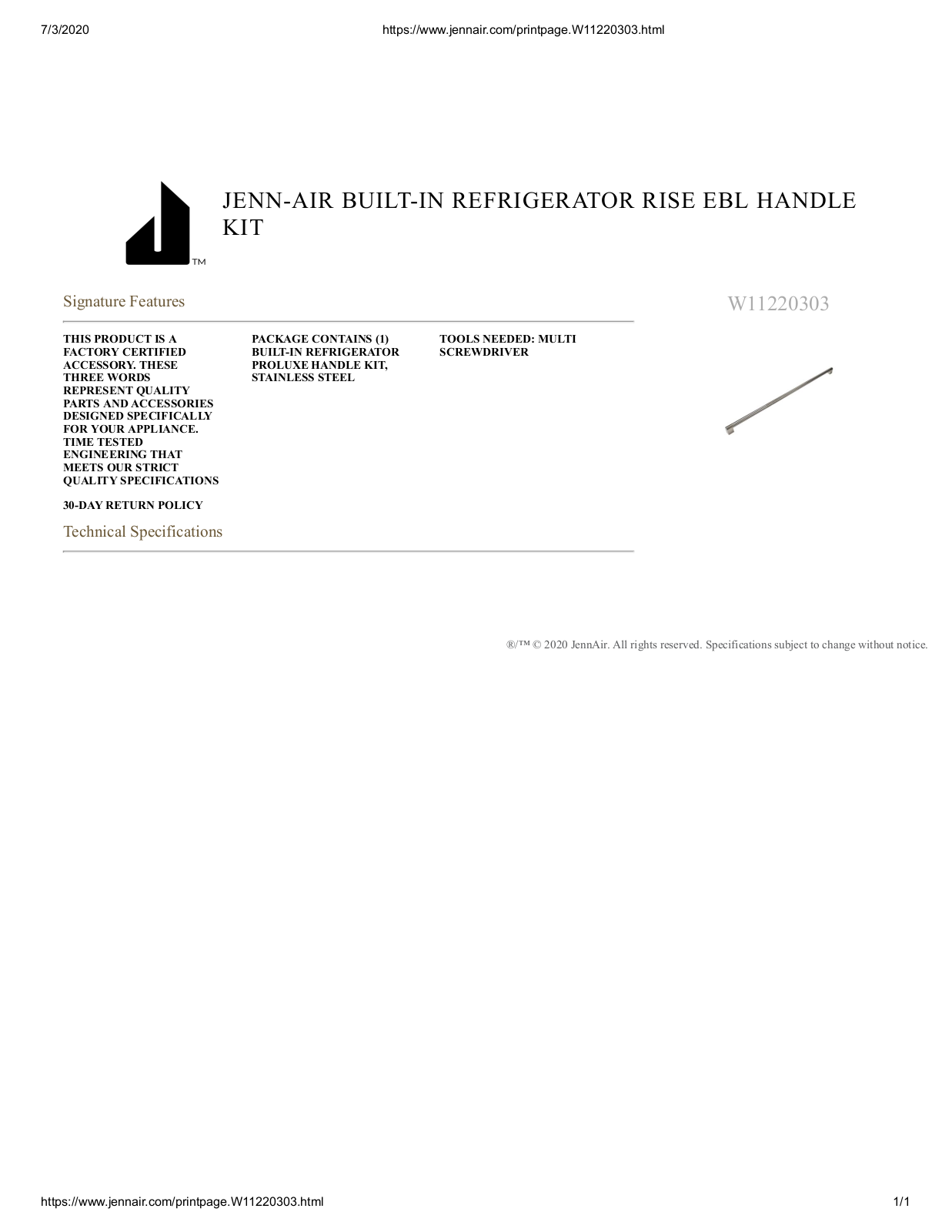 JennAir W11220303 Specification Sheet