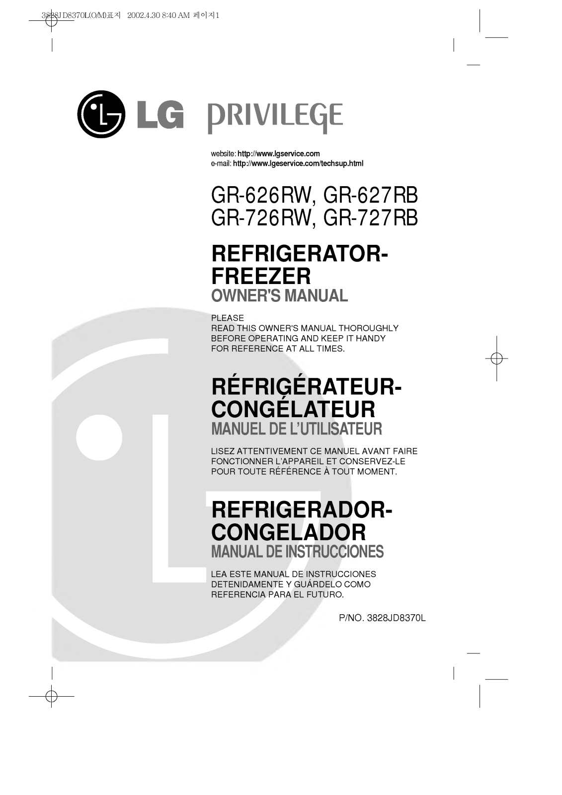 LG GR-T727RB, GR-626RW User Manual