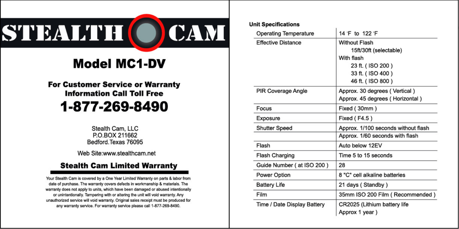 Stealth Cam MC1-DV Instruction Manual